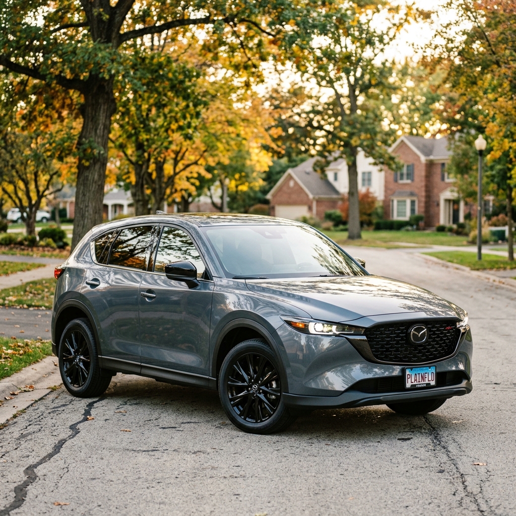 Grey Mazda SUV parked on a suburban street lined with colorful autumn trees. (Representative image for illustration purposes only. Actual vehicle may vary based on trim and configuration.)