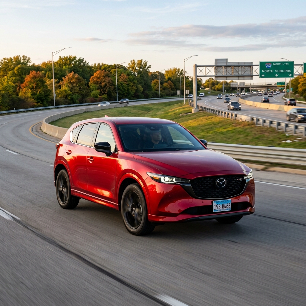 Red Mazda CX-5 SUV driving along a curving highway with overhead road signs and surrounding traffic. (Representative image for illustration purposes only. Actual vehicle may vary based on trim and configuration.)