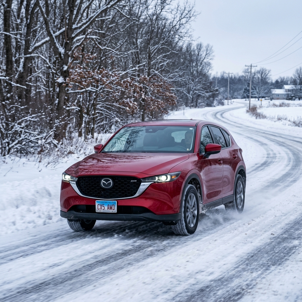 A red Mazda CX-5 SUV driving along a snow-covered, icy road surrounded by wintry trees. (Representative image for illustration purposes only. Actual vehicle may vary based on trim and configuration.)