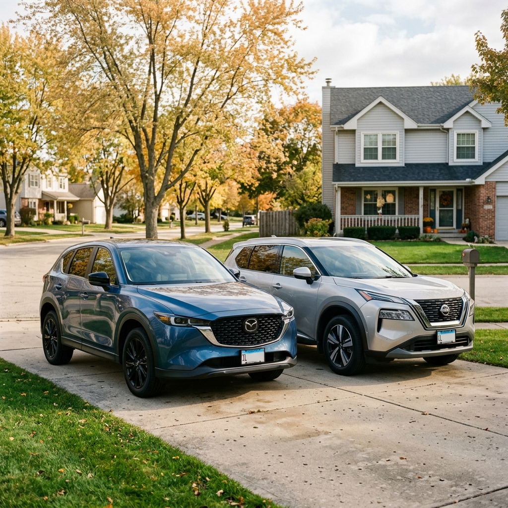 Blue Mazda and silver Nissan SUV parked side-by-side in a suburban driveway during autumn. (Representative image for illustration purposes only. Actual vehicle may vary based on trim and configuration.)
