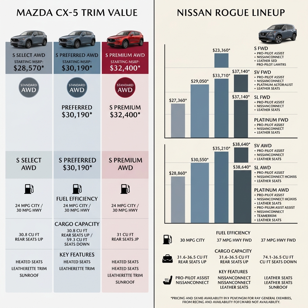 Side-by-side infographic comparing trim pricing, specs, fuel efficiency, and features for Mazda CX-5 and Nissan Rogue. (Representative image for illustration purposes only. Actual vehicle may vary based on trim and configuration.)