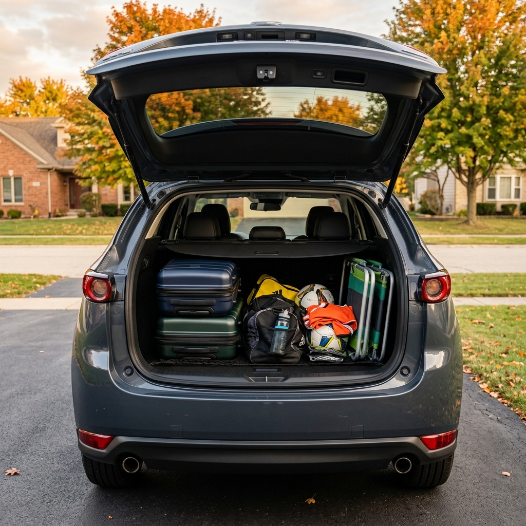 Open trunk of a grey SUV packed with suitcases, duffel bags, soccer gear, and folding chairs on a driveway. (Representative image for illustration purposes only. Actual vehicle may vary based on trim and configuration.)