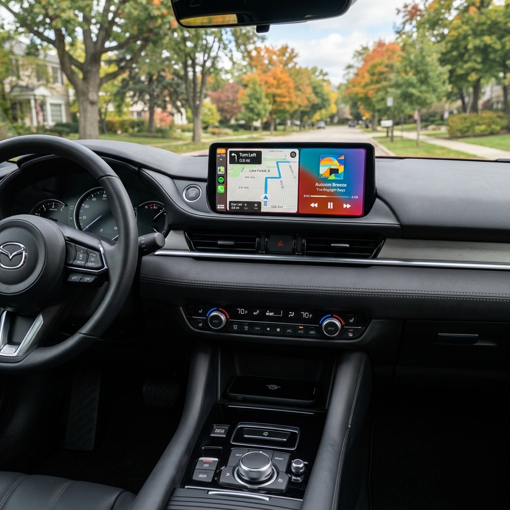 Driver's perspective of a Mazda interior featuring an infotainment screen with Apple CarPlay navigation and music. (Representative image for illustration purposes only. Actual vehicle may vary based on trim and configuration.)