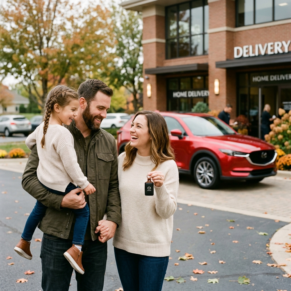 Happy family standing in front of a red SUV at a dealership, with the mother holding up the car key fob. (Representative image for illustration purposes only. Actual vehicle may vary based on trim and configuration.)