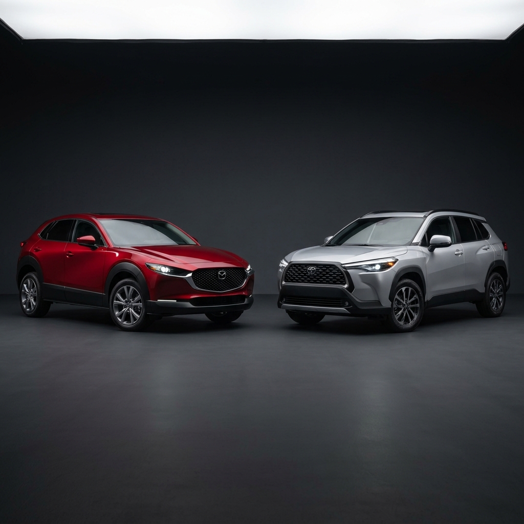 A red Mazda CX-30 and a silver Toyota Corolla Cross parked side by side in a studio setting. (Representative image for illustration purposes only. Actual vehicle may vary based on trim and configuration.)