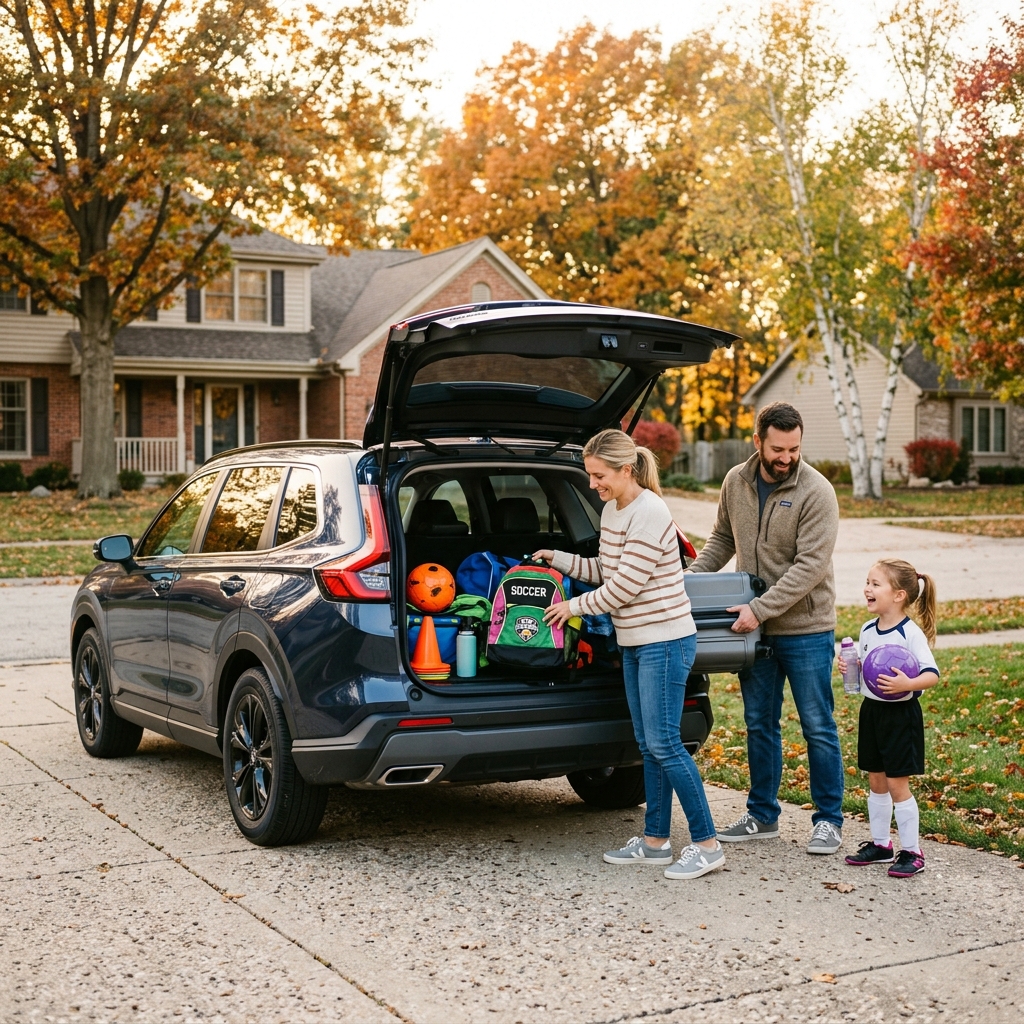 A family loads luggage and sports gear into the back of a blue SUV in a suburban driveway during fall. (Representative image for illustration purposes only. Actual vehicle may vary based on trim and configuration.)