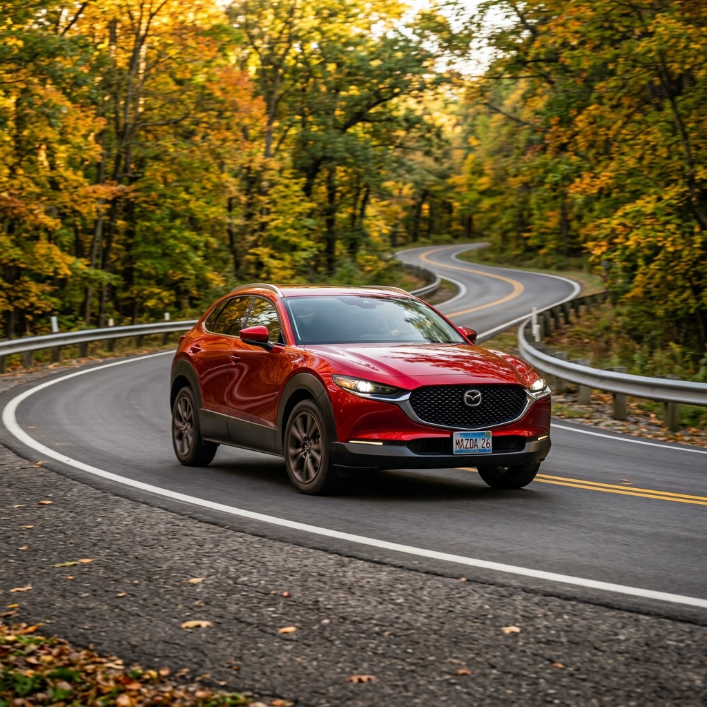 Red Mazda CX-30 driving along a winding road framed by vibrant autumn trees. (Representative image for illustration purposes only. Actual vehicle may vary based on trim and configuration.)
