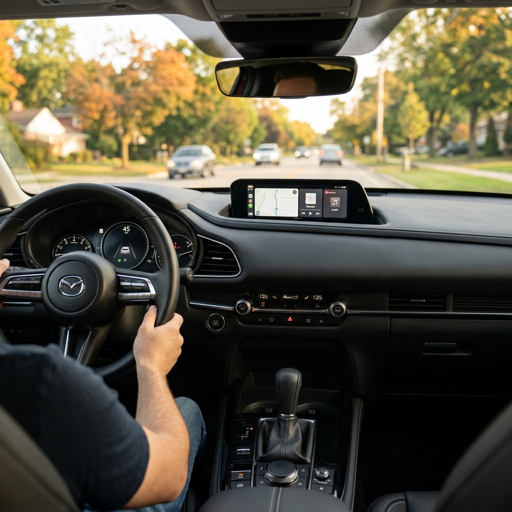 View from inside a modern Mazda vehicle showing the dashboard, digital gauge cluster, and driver steering on a street. (Representative image for illustration purposes only. Actual vehicle may vary based on trim and configuration.)