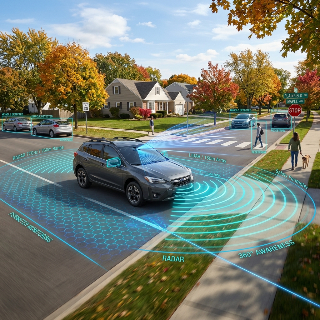 A car driving on a suburban street with graphic overlays demonstrating radar, LiDAR, and pedestrian detection systems. (Representative image for illustration purposes only. Actual vehicle may vary based on trim and configuration.)