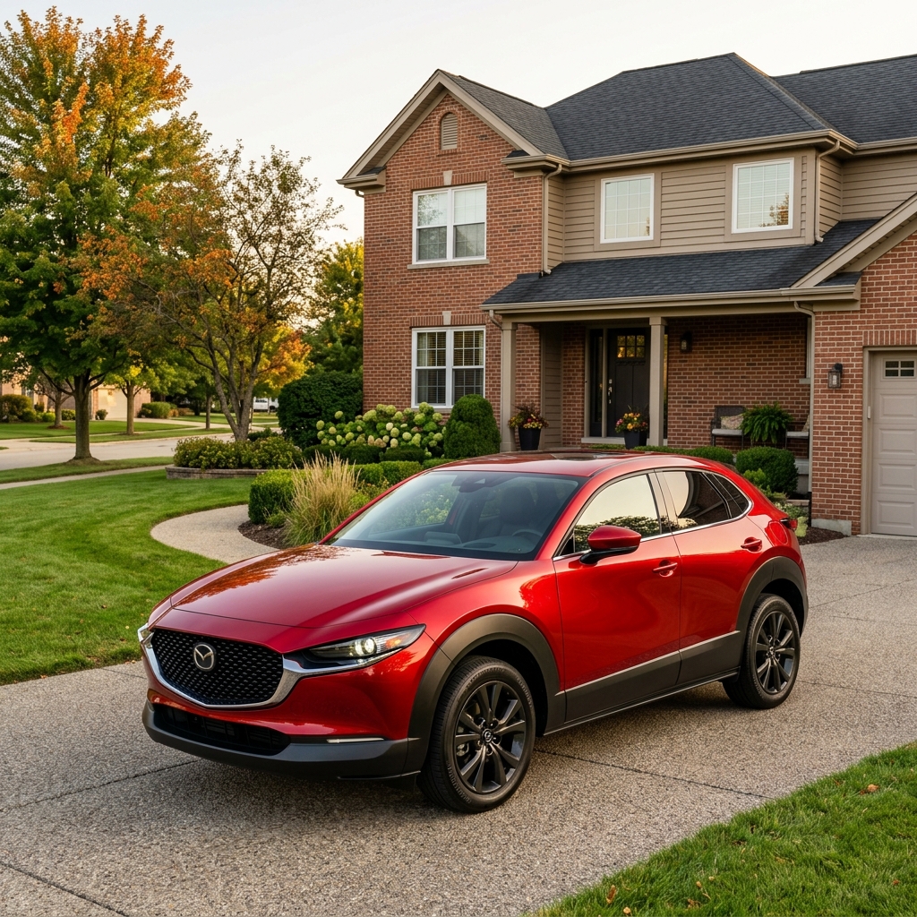 Red Mazda crossover SUV parked on a paved driveway in front of a suburban brick house. (Representative image for illustration purposes only. Actual vehicle may vary based on trim and configuration.)