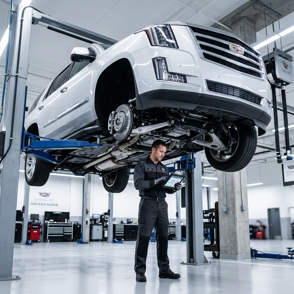 AI generated: Professional high-end automotive service bay, low-angle perspective looking up at a gleaming silver luxury Cadillac sedan elevated on a hydraulic vehicle lift, professional technician in a clean charcoal grey uniform holding a high-tech diagnostic tablet while inspecting the intricate mechanical components and suspension, sterile and ultra-modern workshop environment, polished light grey epoxy floors, bright cool-white LED studio lighting reflecting off the metallic paint and chrome accents, sharp focus on precision mechanical details and the technician's focused expression, cinematic commercial photography style, shallow depth of field blurring the background tool racks, sense of meticulous care and advanced engineering, neutral color palette with crisp metallic highlights, ultra-high resolution, clean and sophisticated atmosphere.