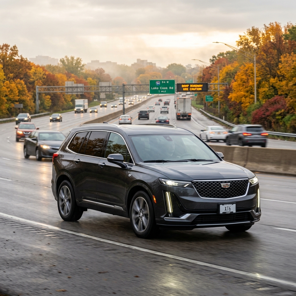 A dark grey Cadillac XT6 SUV driving on a wet highway with colorful autumn trees in the background. (Representative image for illustration purposes only. Actual vehicle may vary based on trim and configuration.)