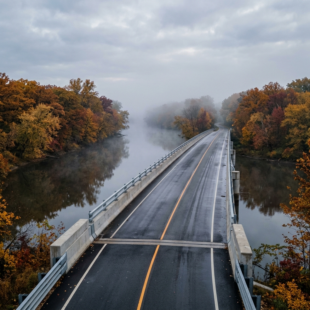 High-angle view of a wet bridge road crossing a foggy river surrounded by colorful autumn foliage. (Representative image for illustration purposes only. Actual vehicle may vary based on trim and configuration.)