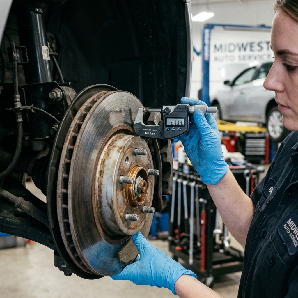 Female mechanic measuring brake rotor thickness with a digital micrometer in an auto service shop. (Representative image for illustration purposes only. Actual vehicle may vary based on trim and configuration.)