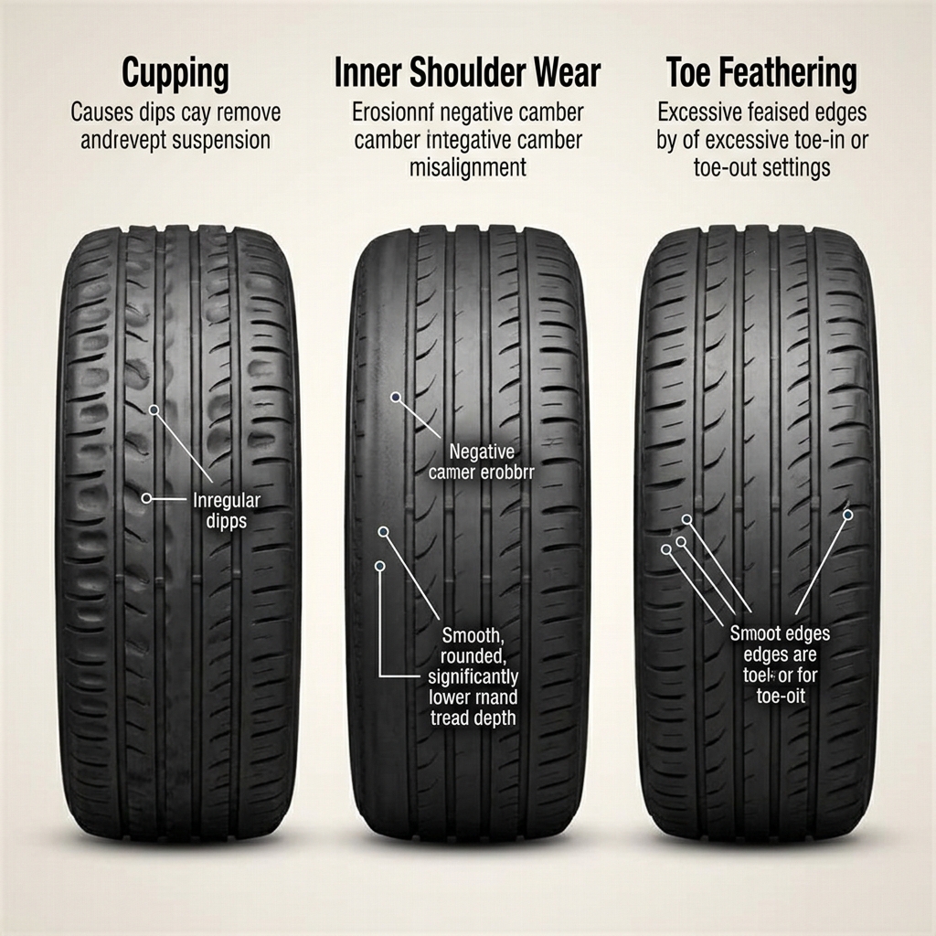 Diagram illustrating three types of tire wear patterns: cupping, inner shoulder wear, and toe feathering. (Representative image for illustration purposes only. Actual vehicle may vary based on trim and configuration.)