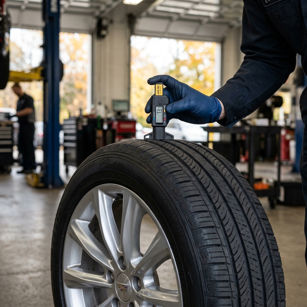 A mechanic wearing blue gloves uses a digital gauge to measure the tread depth of a car tire. (Representative image for illustration purposes only. Actual vehicle may vary based on trim and configuration.)