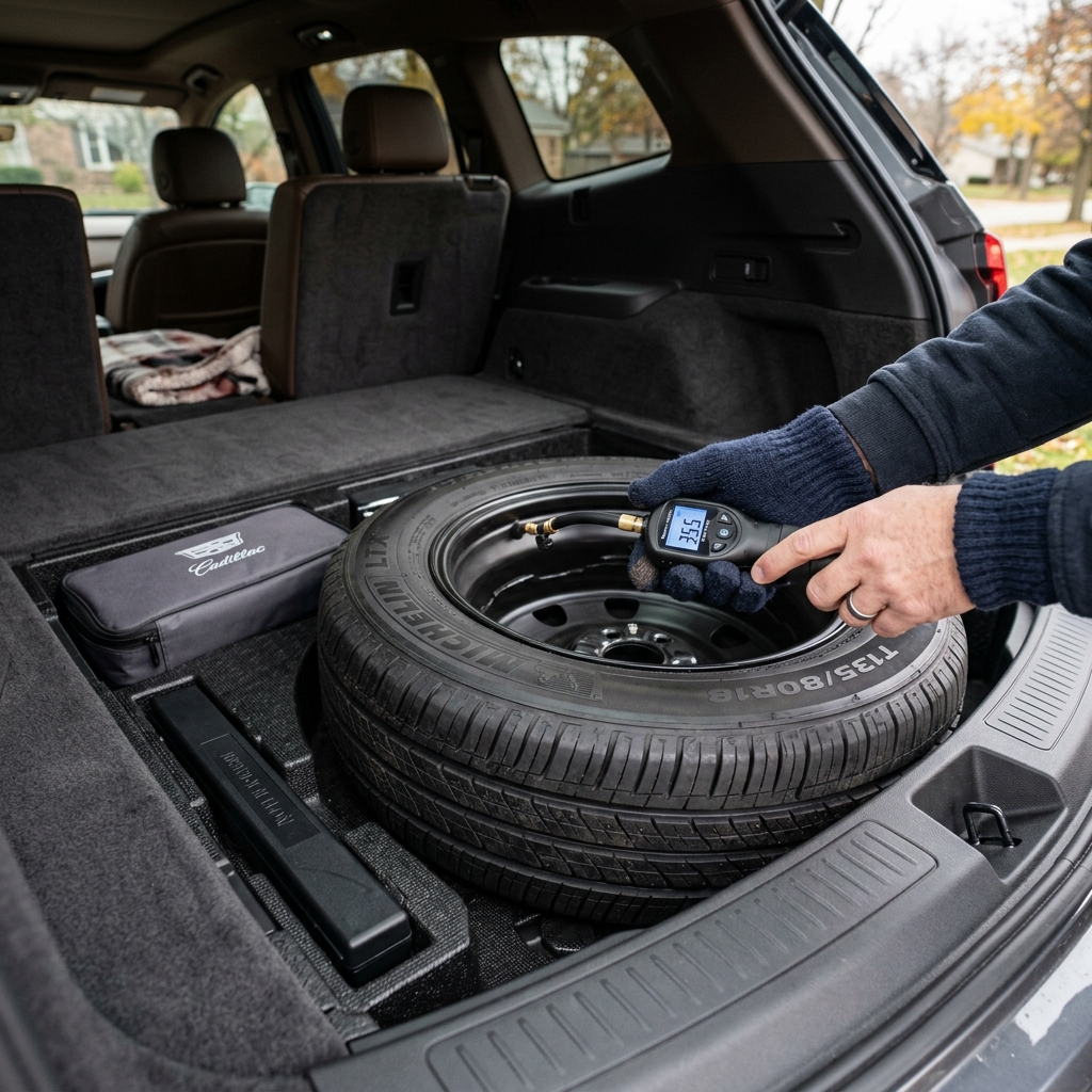A person checking the air pressure of a spare tire stored in an SUV trunk using a digital gauge. (Representative image for illustration purposes only. Actual vehicle may vary based on trim and configuration.)