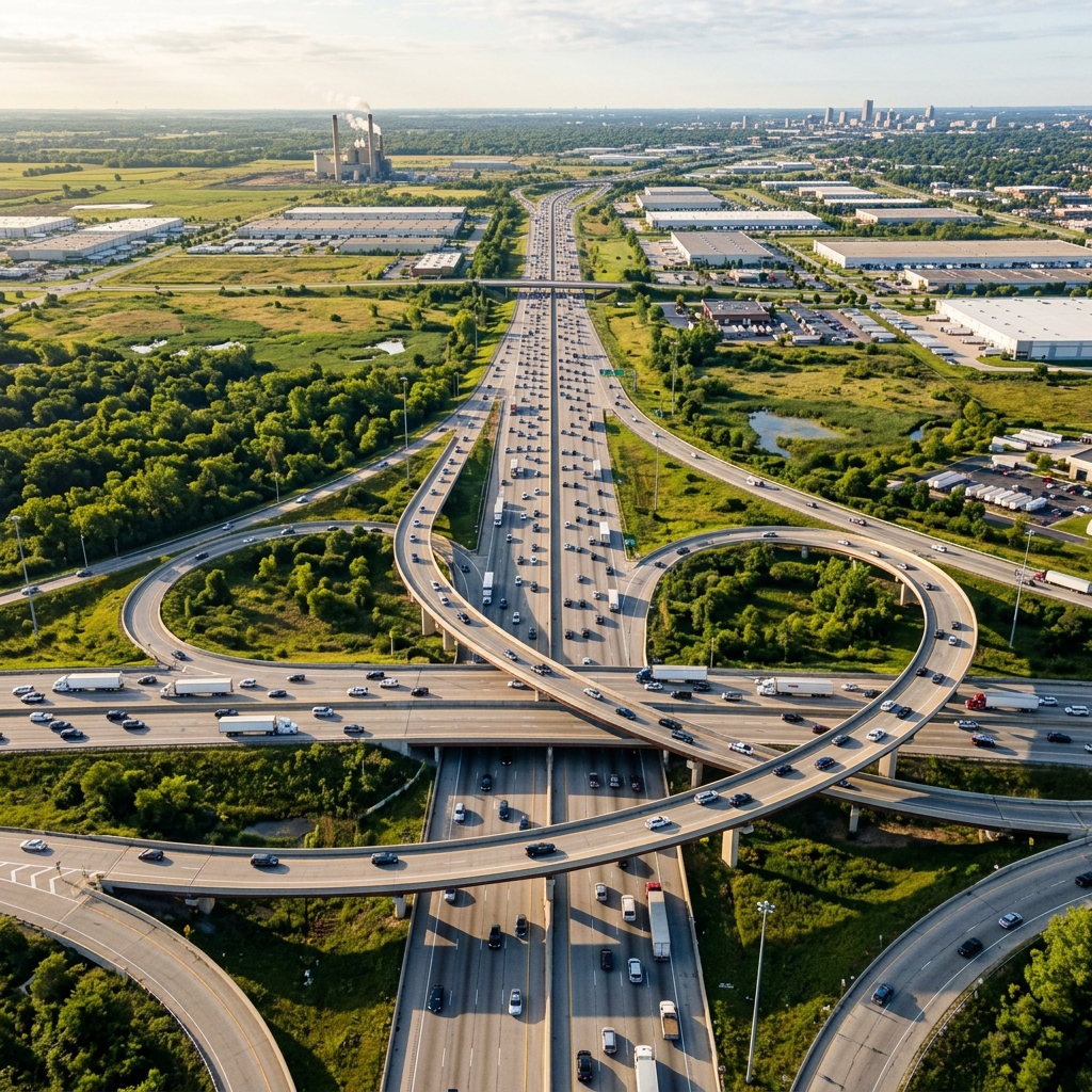 Aerial view of a complex multi-level highway interchange with surrounding industrial landscape and distant city skyline. (Representative image for illustration purposes only. Actual vehicle may vary based on trim and configuration.)