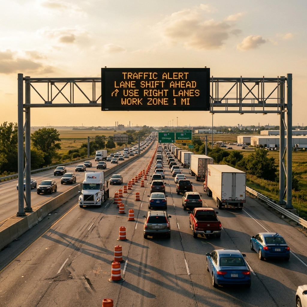 An overhead electronic sign on a busy highway displaying a traffic alert warning of a lane shift ahead in a work zone. (Representative image for illustration purposes only. Actual vehicle may vary based on trim and configuration.)
