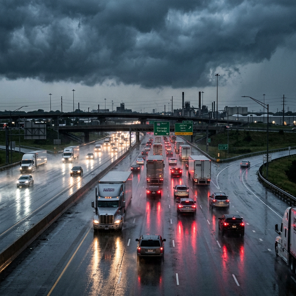Highway traffic traveling on wet asphalt under dark, dramatic storm clouds during heavy rain. (Representative image for illustration purposes only. Actual vehicle may vary based on trim and configuration.)