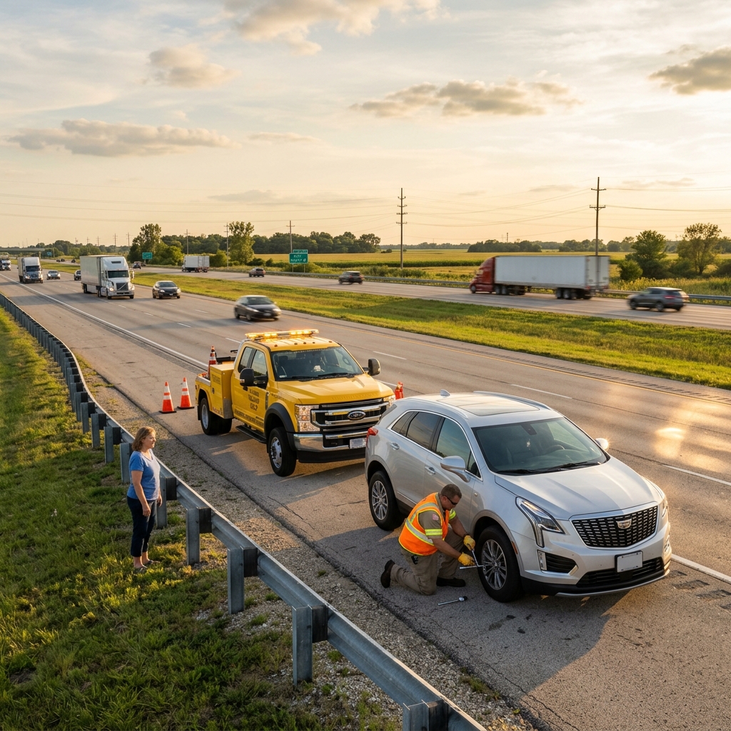 A roadside assistance worker changes a tire on a silver SUV parked along a highway next to a yellow service truck. (Representative image for illustration purposes only. Actual vehicle may vary based on trim and configuration.)