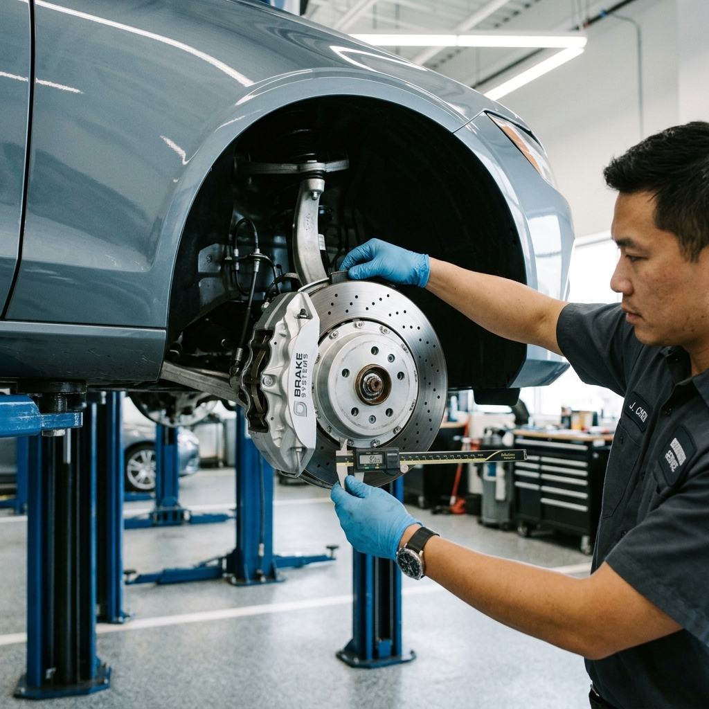 Auto mechanic in blue gloves using a digital caliper to measure the thickness of a drilled brake rotor on a lifted car. (Representative image for illustration purposes only. Actual vehicle may vary based on trim and configuration.)