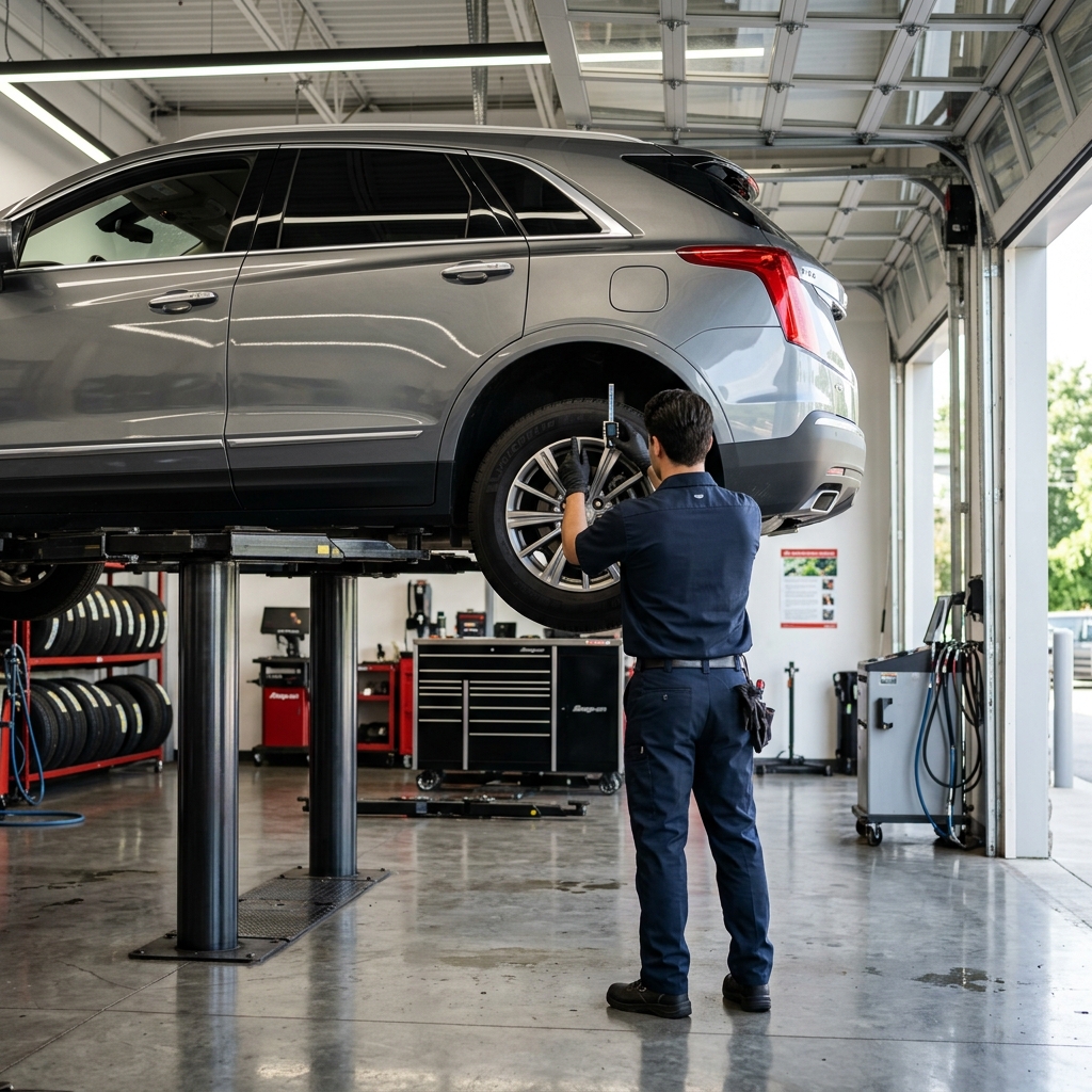 Auto mechanic measuring tire tread on a silver SUV raised on a lift inside a modern service center bay. (Representative image for illustration purposes only. Actual vehicle may vary based on trim and configuration.)