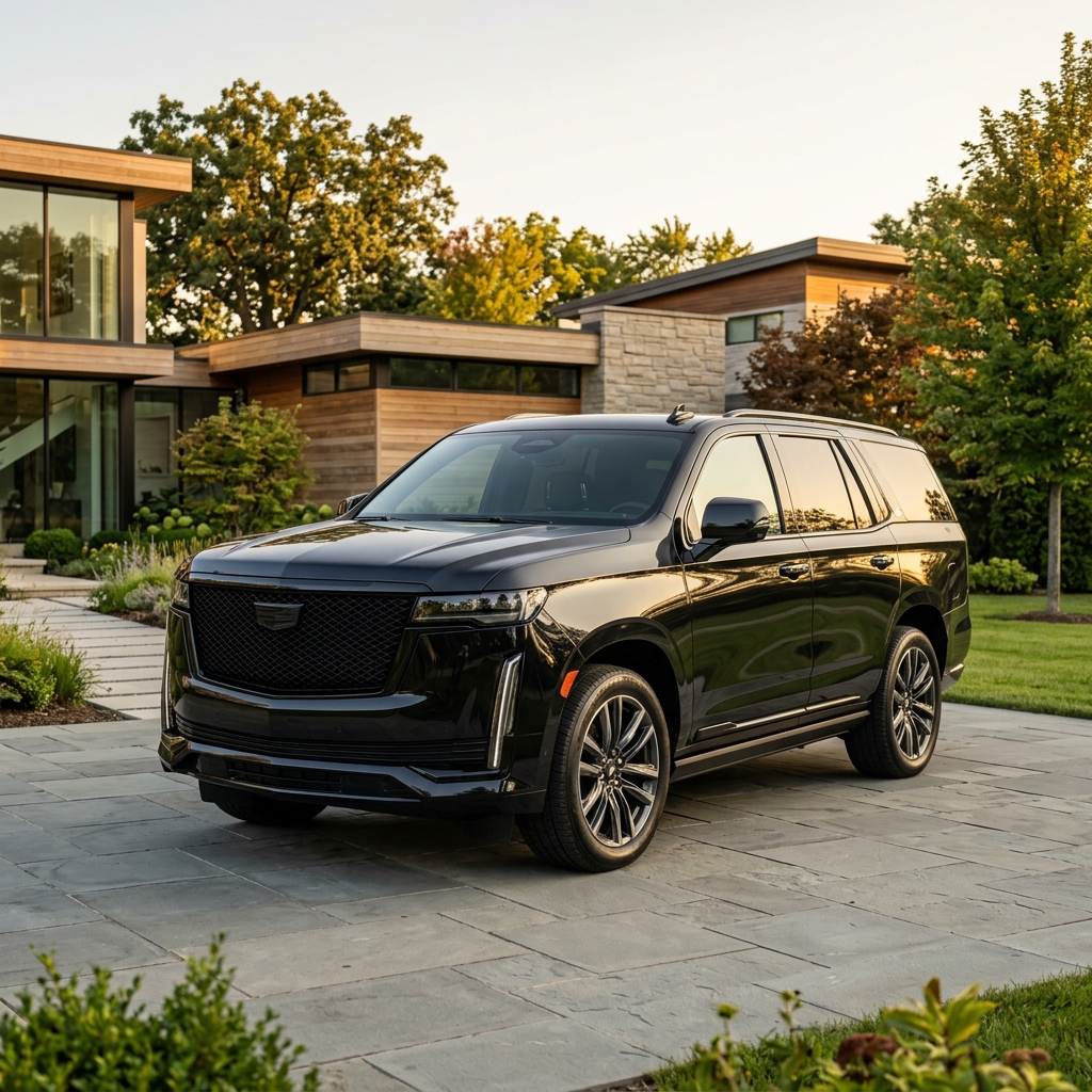 Black Cadillac Escalade parked on a slate driveway outside a modern luxury home at sunset. (Representative image for illustration purposes only. Actual vehicle may vary based on trim and configuration.)