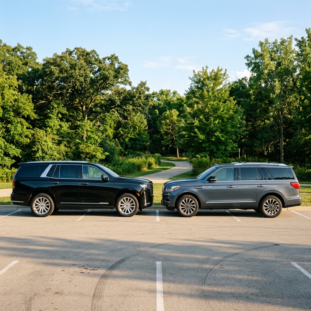 Profile view of a black Cadillac Escalade facing a grey Lincoln Navigator nose-to-nose in a sunny parking lot. (Representative image for illustration purposes only. Actual vehicle may vary based on trim and configuration.)