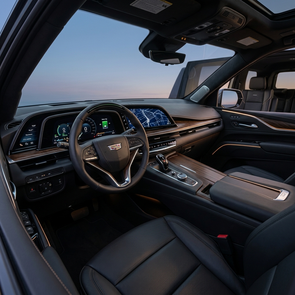 High-tech interior of a modern Cadillac showing a curved OLED dashboard display, steering wheel, and leather seats. (Representative image for illustration purposes only. Actual vehicle may vary based on trim and configuration.)