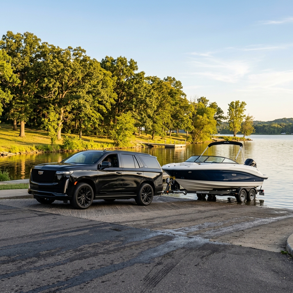 Black Cadillac Escalade on a boat launch ramp towing a blue and white boat into a serene lake surrounded by trees. (Representative image for illustration purposes only. Actual vehicle may vary based on trim and configuration.)