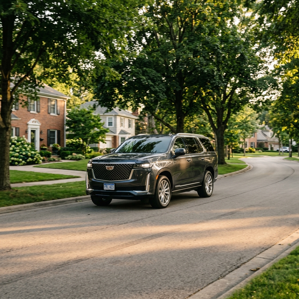 Dark grey Cadillac Escalade driving along a tree-lined suburban street past brick houses. (Representative image for illustration purposes only. Actual vehicle may vary based on trim and configuration.)