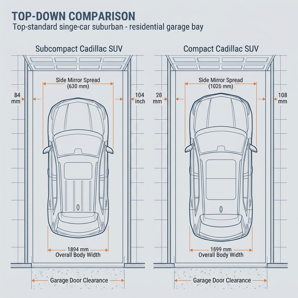 Diagram comparing garage door clearance and body width for a subcompact Cadillac SUV versus a compact Cadillac SUV. (Representative image for illustration purposes only. Actual vehicle may vary based on trim and configuration.)