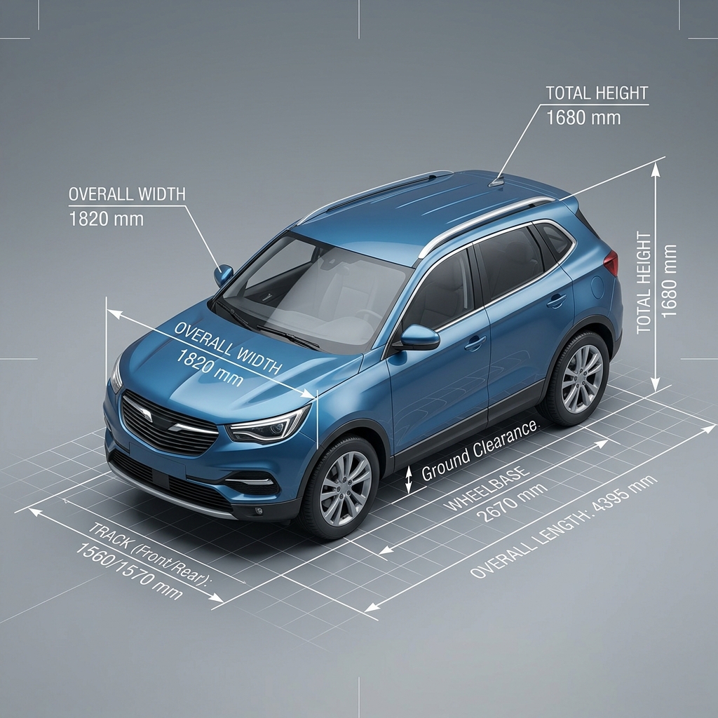 3D rendering of a blue SUV showing key vehicle dimensions including overall length, width, height, and wheelbase. (Representative image for illustration purposes only. Actual vehicle may vary based on trim and configuration.)