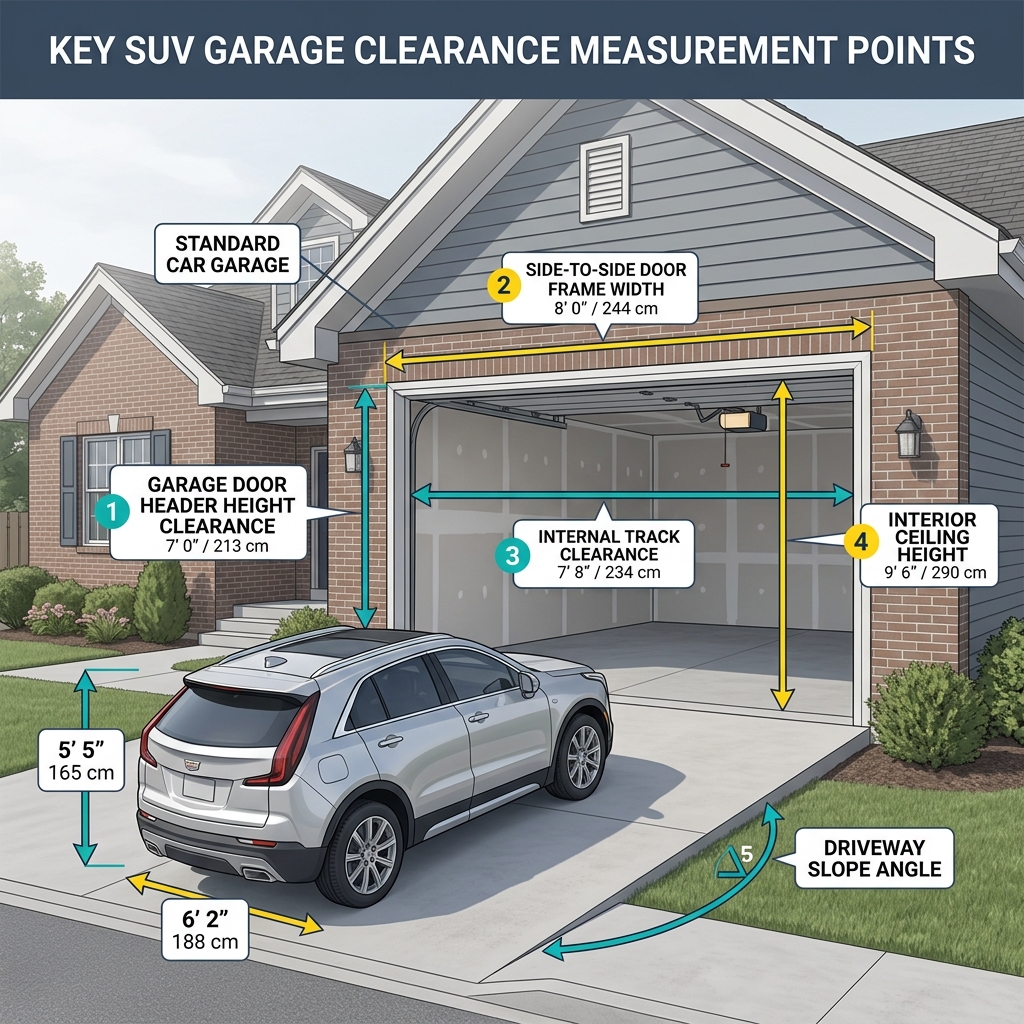 Diagram showing key garage clearance measurement points for an SUV with dimensions for height, width, and interior space. (Representative image for illustration purposes only. Actual vehicle may vary based on trim and configuration.)