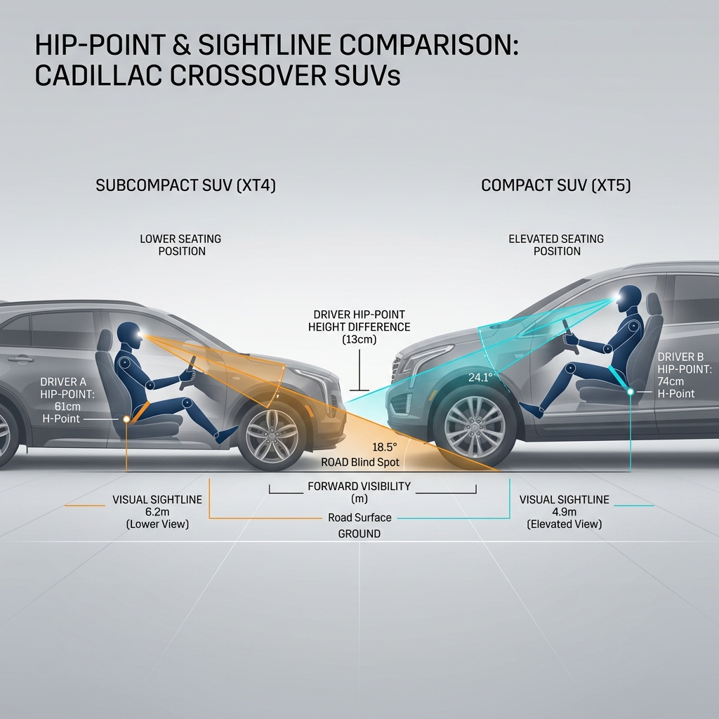 Technical diagram comparing driver hip-point height and forward sightlines between Cadillac XT4 and XT5 SUVs. (Representative image for illustration purposes only. Actual vehicle may vary based on trim and configuration.)