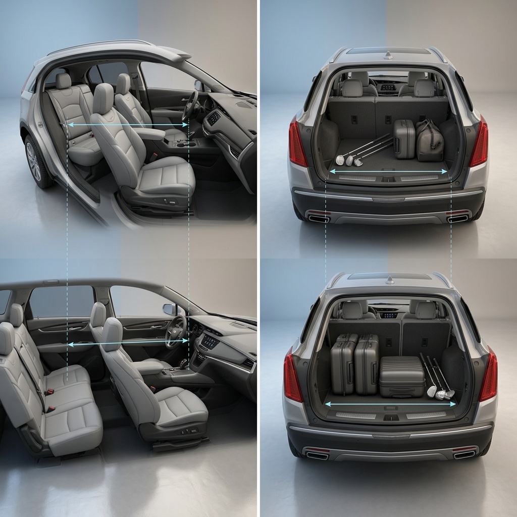Four-panel diagram comparing interior cabin legroom and rear cargo capacity between two SUV models using visual guidelines. (Representative image for illustration purposes only. Actual vehicle may vary based on trim and configuration.)