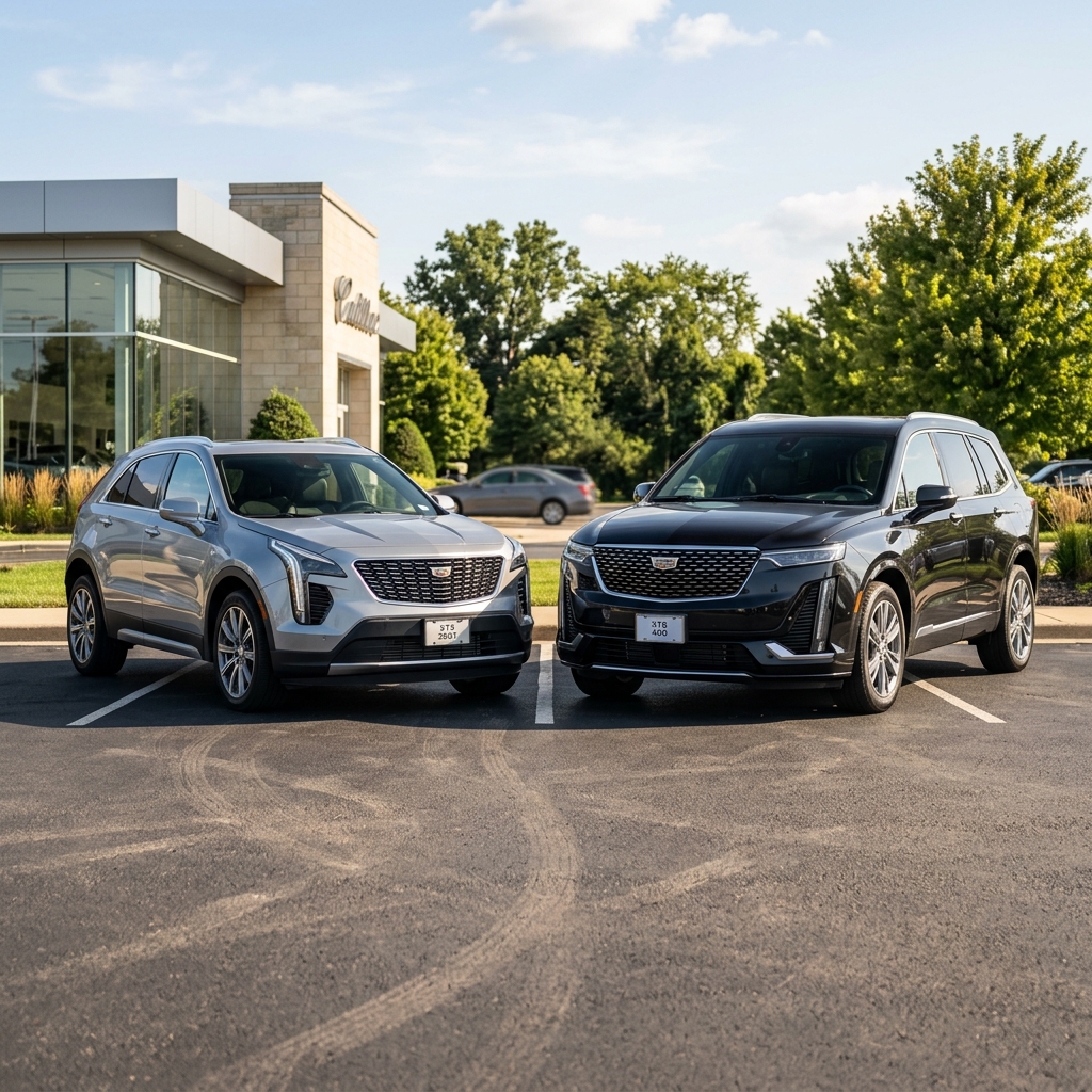 Two luxury Cadillac SUVs, one silver and one black, parked side by side outside a dealership building. (Representative image for illustration purposes only. Actual vehicle may vary based on trim and configuration.)