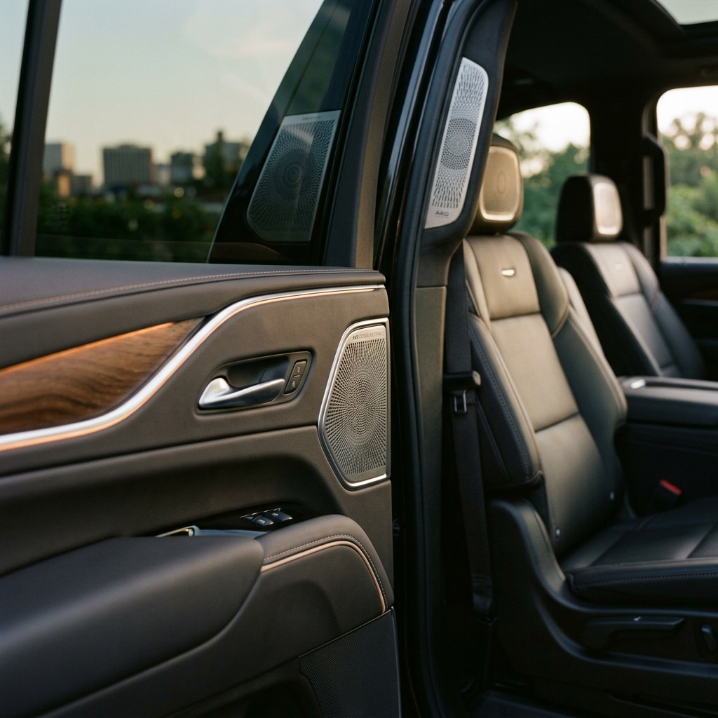 Luxury vehicle rear cabin interior featuring black leather seats, wood trim, ambient lighting, and AKG audio speakers. (Representative image for illustration purposes only. Actual vehicle may vary based on trim and configuration.)
