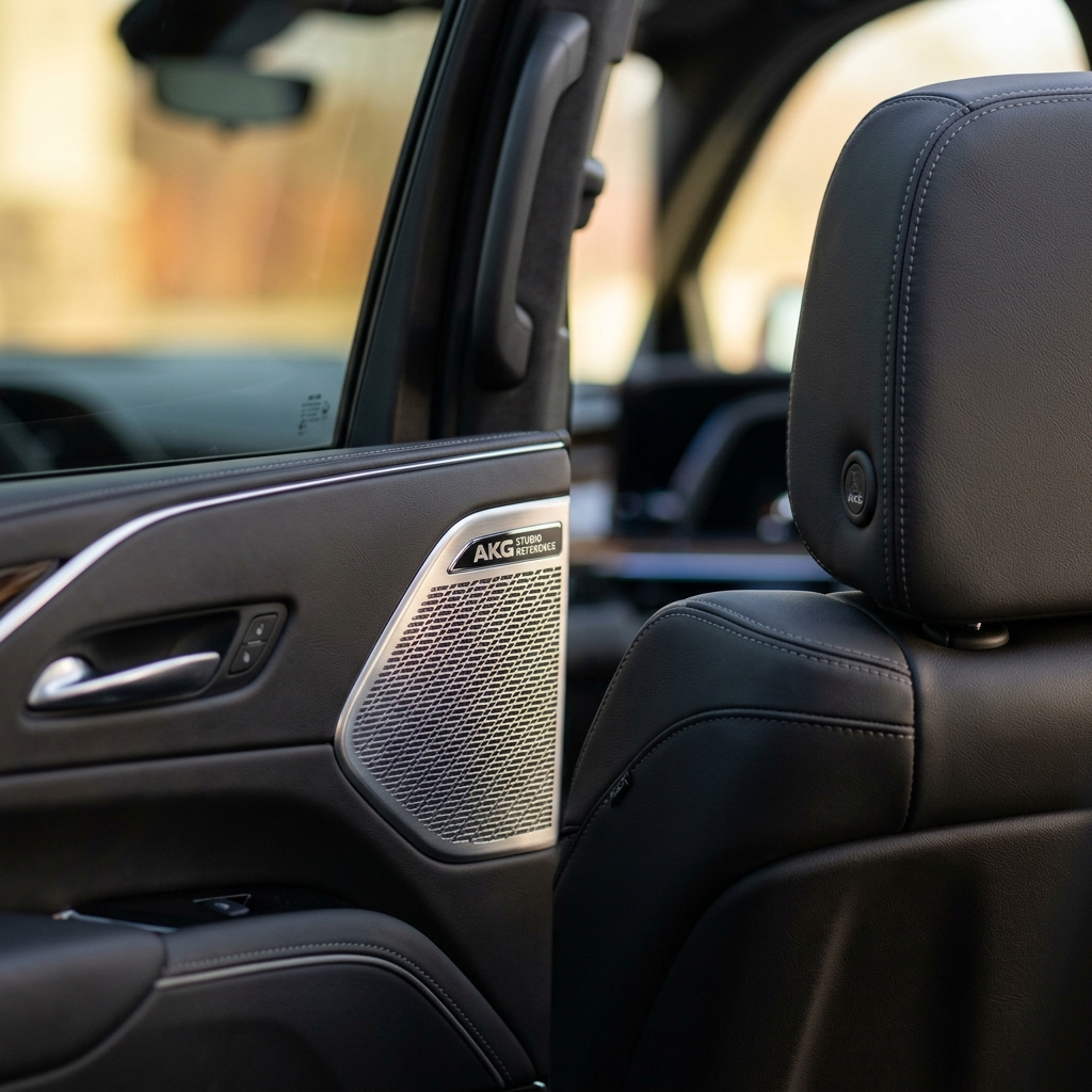 Black leather interior of a luxury vehicle featuring a silver AKG Studio Reference speaker grille on the door panel. (Representative image for illustration purposes only. Actual vehicle may vary based on trim and configuration.)