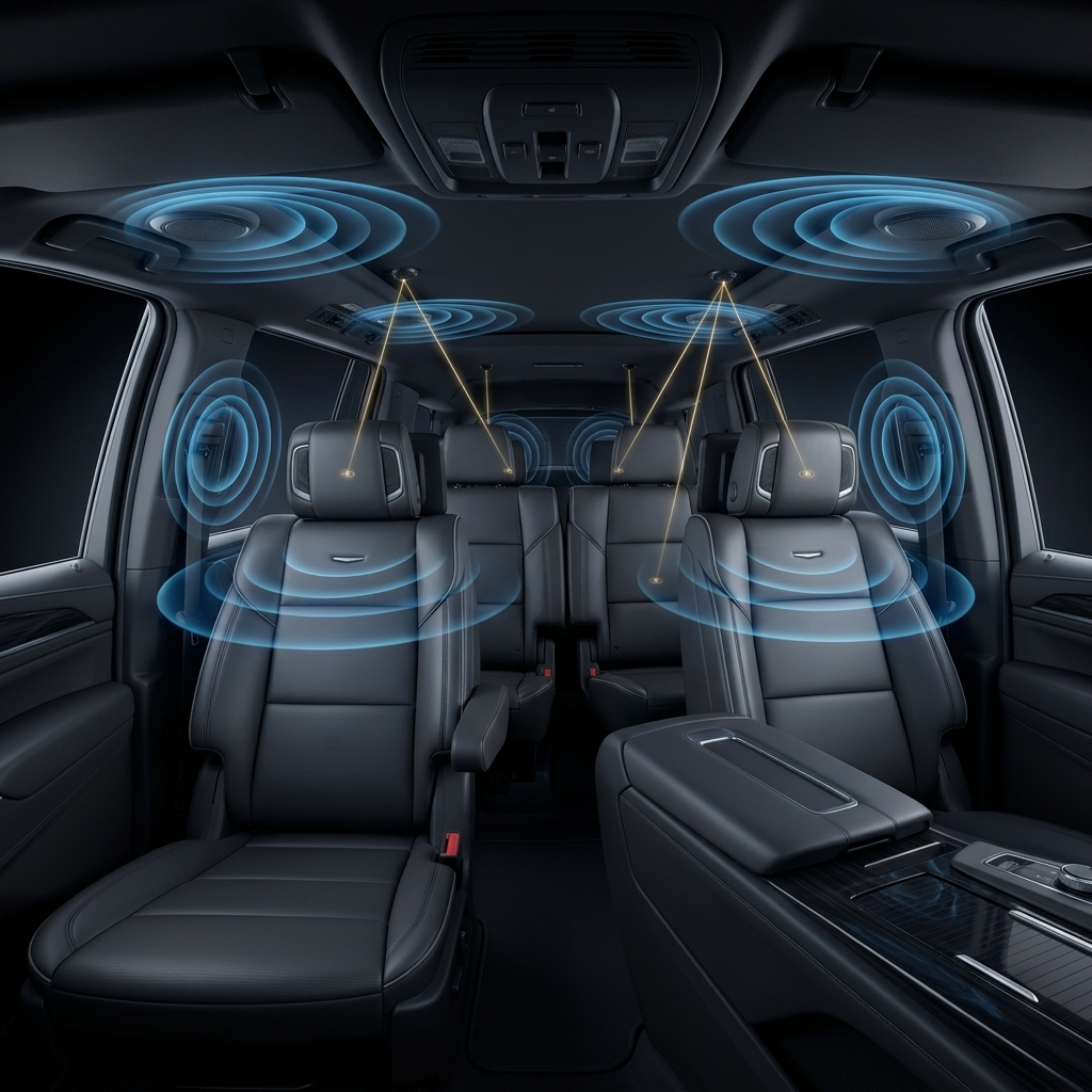 Luxury SUV interior with glowing blue graphic overlays illustrating advanced 3D spatial audio and headrest speakers. (Representative image for illustration purposes only. Actual vehicle may vary based on trim and configuration.)