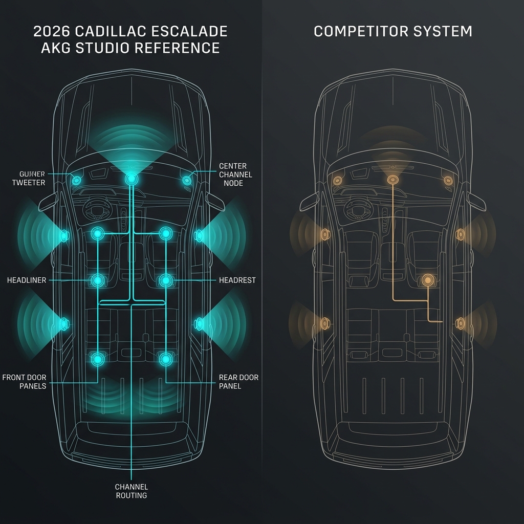 Side-by-side diagram comparing speaker layout in a Cadillac Escalade AKG audio system versus a competitor system. (Representative image for illustration purposes only. Actual vehicle may vary based on trim and configuration.)