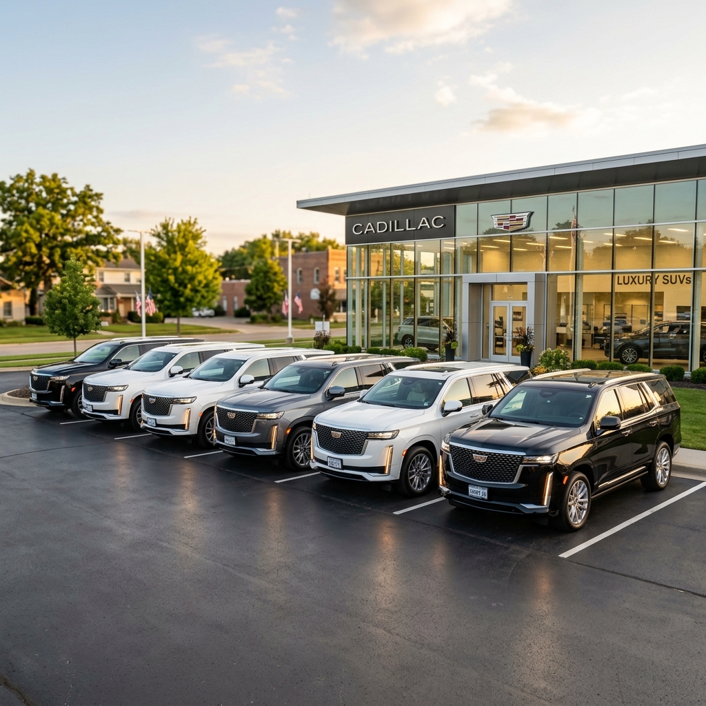 Line of new Cadillac Escalade SUVs parked in front of a modern Cadillac dealership showroom. (Representative image for illustration purposes only. Actual vehicle may vary based on trim and configuration.)