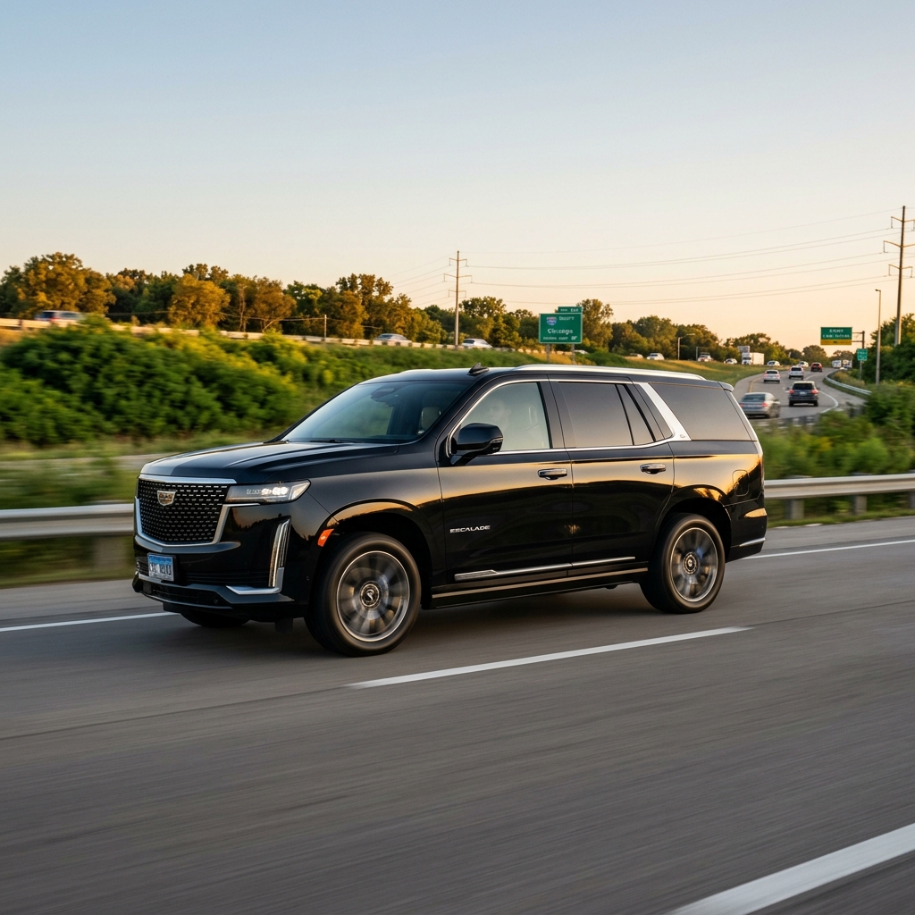 A sleek black Cadillac Escalade driving down a highway during golden hour with trees in the background. (Representative image for illustration purposes only. Actual vehicle may vary based on trim and configuration.)