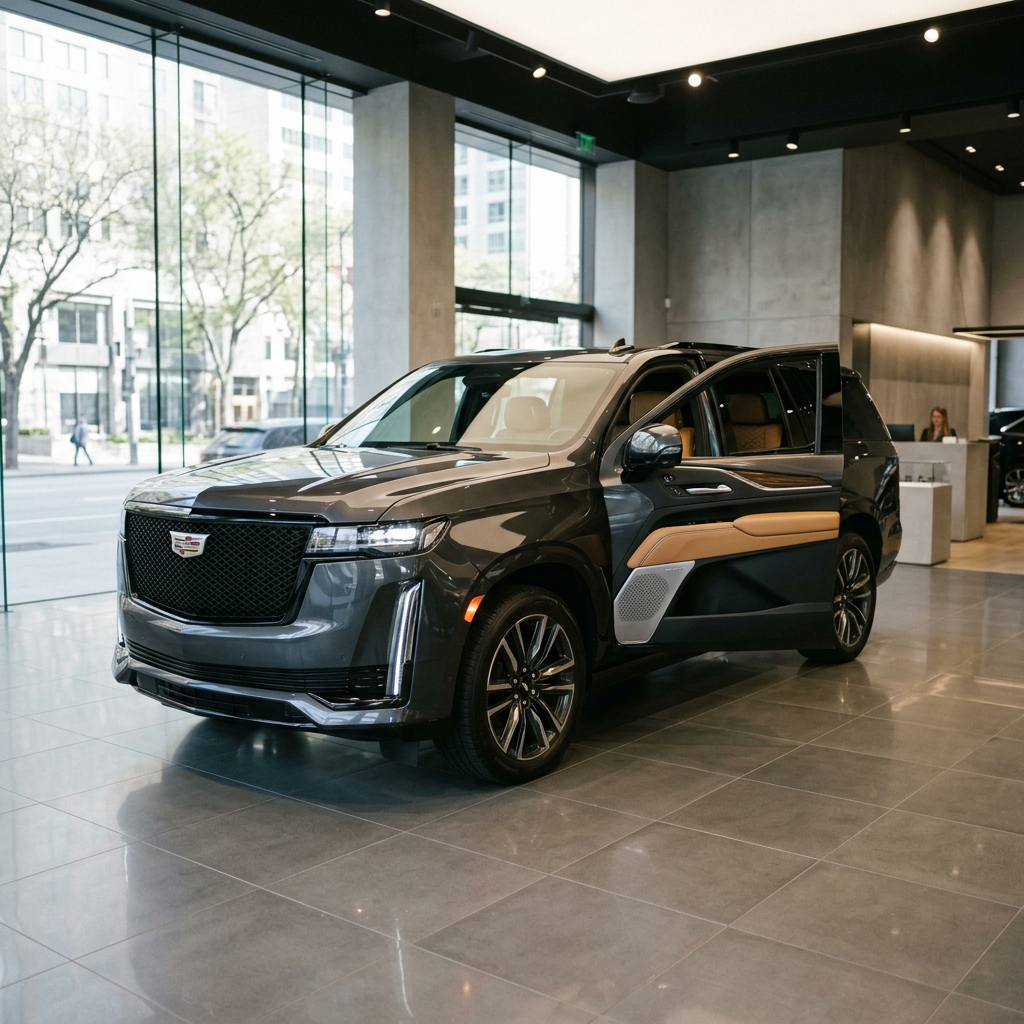 Dark grey Cadillac Escalade SUV with an open front door displayed inside a modern luxury car dealership. (Representative image for illustration purposes only. Actual vehicle may vary based on trim and configuration.)