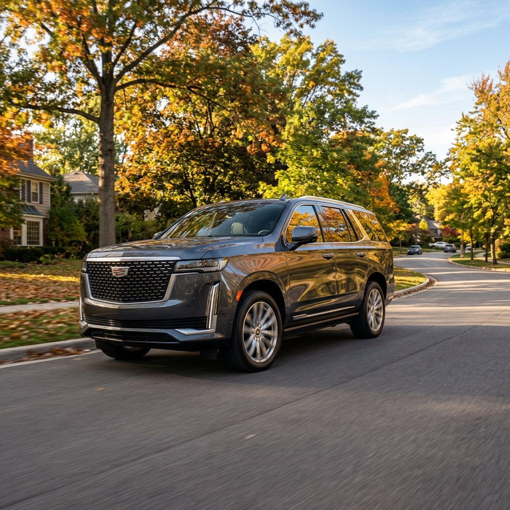 A dark gray Cadillac Escalade driving along a suburban street surrounded by autumn trees. (Representative image for illustration purposes only. Actual vehicle may vary based on trim and configuration.)