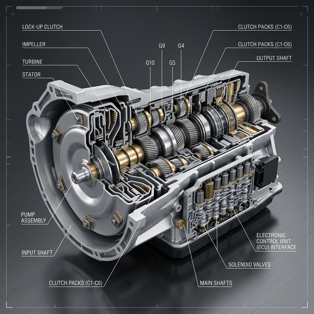 Detailed technical cross-section diagram of an automatic transmission displaying labeled internal components. (Representative image for illustration purposes only. Actual vehicle may vary based on trim and configuration.)