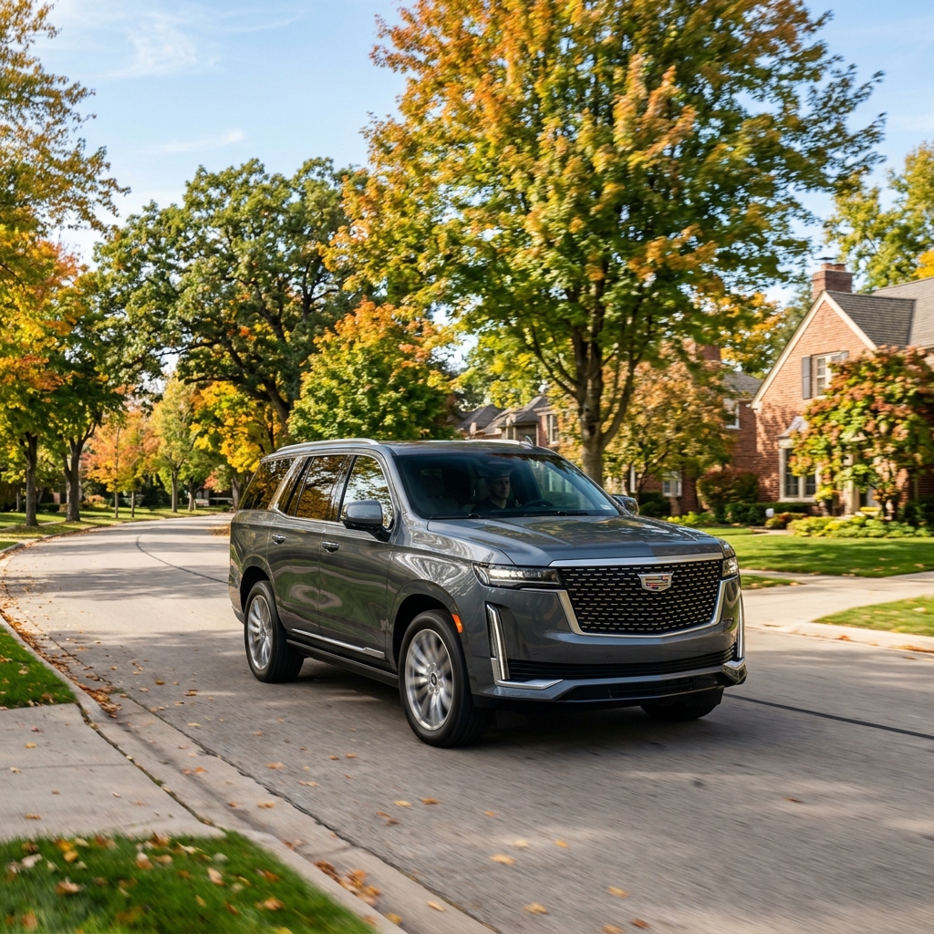 A dark grey Cadillac Escalade driving along a suburban residential street lined with colorful autumn trees. (Representative image for illustration purposes only. Actual vehicle may vary based on trim and configuration.)