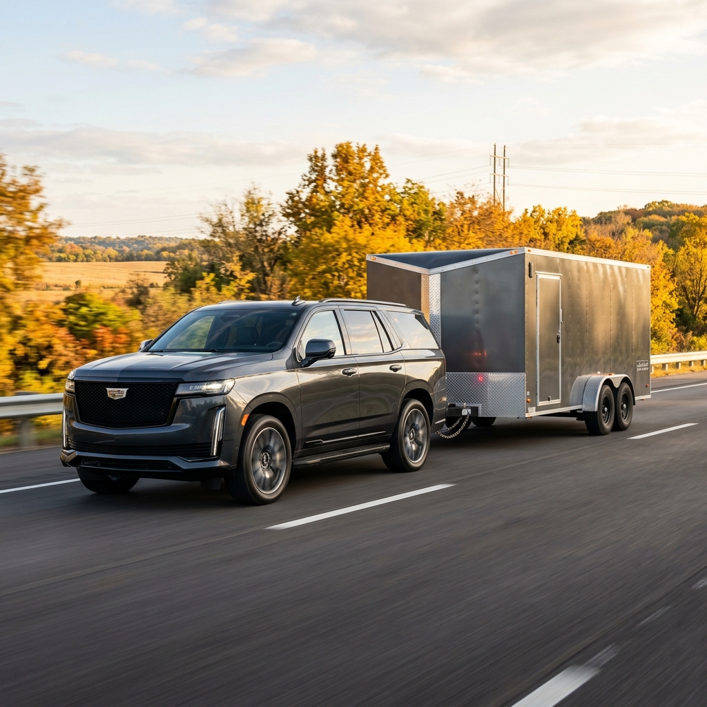 A dark grey Cadillac Escalade towing an enclosed cargo trailer along a highway past vibrant autumn trees. (Representative image for illustration purposes only. Actual vehicle may vary based on trim and configuration.)