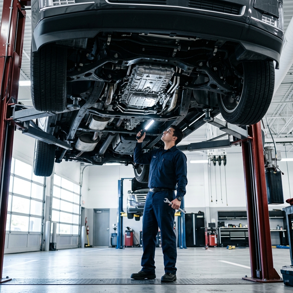 A mechanic holding a flashlight inspects the undercarriage of an elevated vehicle in a clean auto repair shop. (Representative image for illustration purposes only. Actual vehicle may vary based on trim and configuration.)